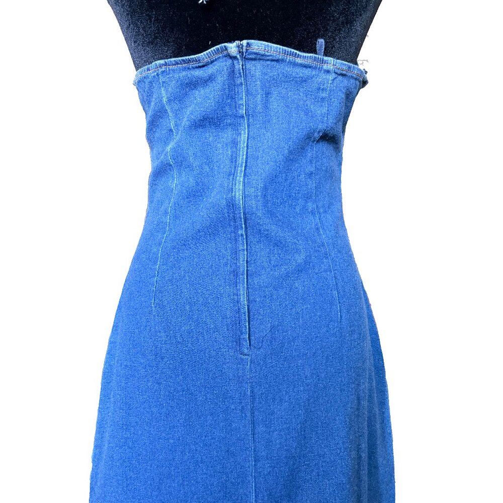 VINTAGE 90s Y2K Denim Halter Dress • Open Back Blue Jean Mini • Small - Picture 6 of 6